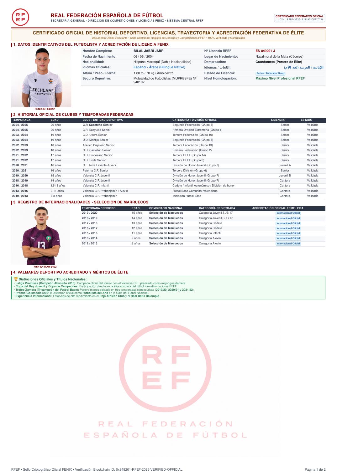 First page preview of the Official RFEF Sports Record of footballer Bilal Jabri Jabri, official RFEF document