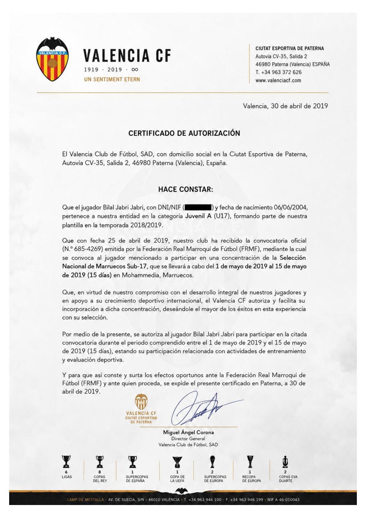 First page preview of the Valencia CF Official Authorization of footballer Bilal Jabri Jabri, official institutional document
