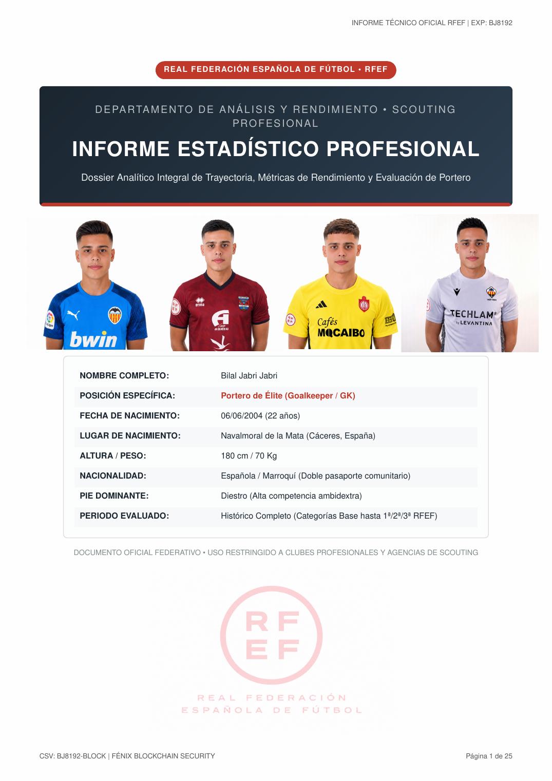 First page preview of the RFEF Statistical Report of footballer Bilal Jabri Jabri, official RFEF document